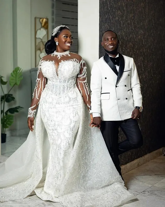 Arabic Aso Ebi White Mermaid Wedding Dresses Long Sleeves Plus Size Lace Beaded Bridal Gowns Robe De Marriage 0219