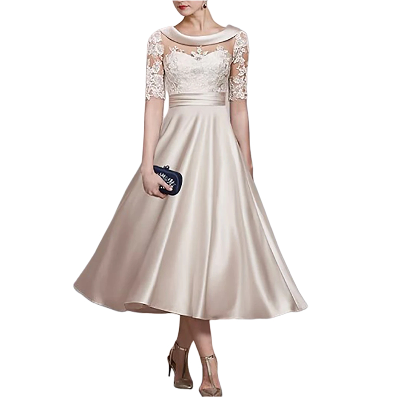 Elegant Tea Length Mother Of The Bride Dresses Open Back Lace Appliques Champagne Wedding Guest Dress Half Sleeves Scoop Neck Formal Evening Gown For 