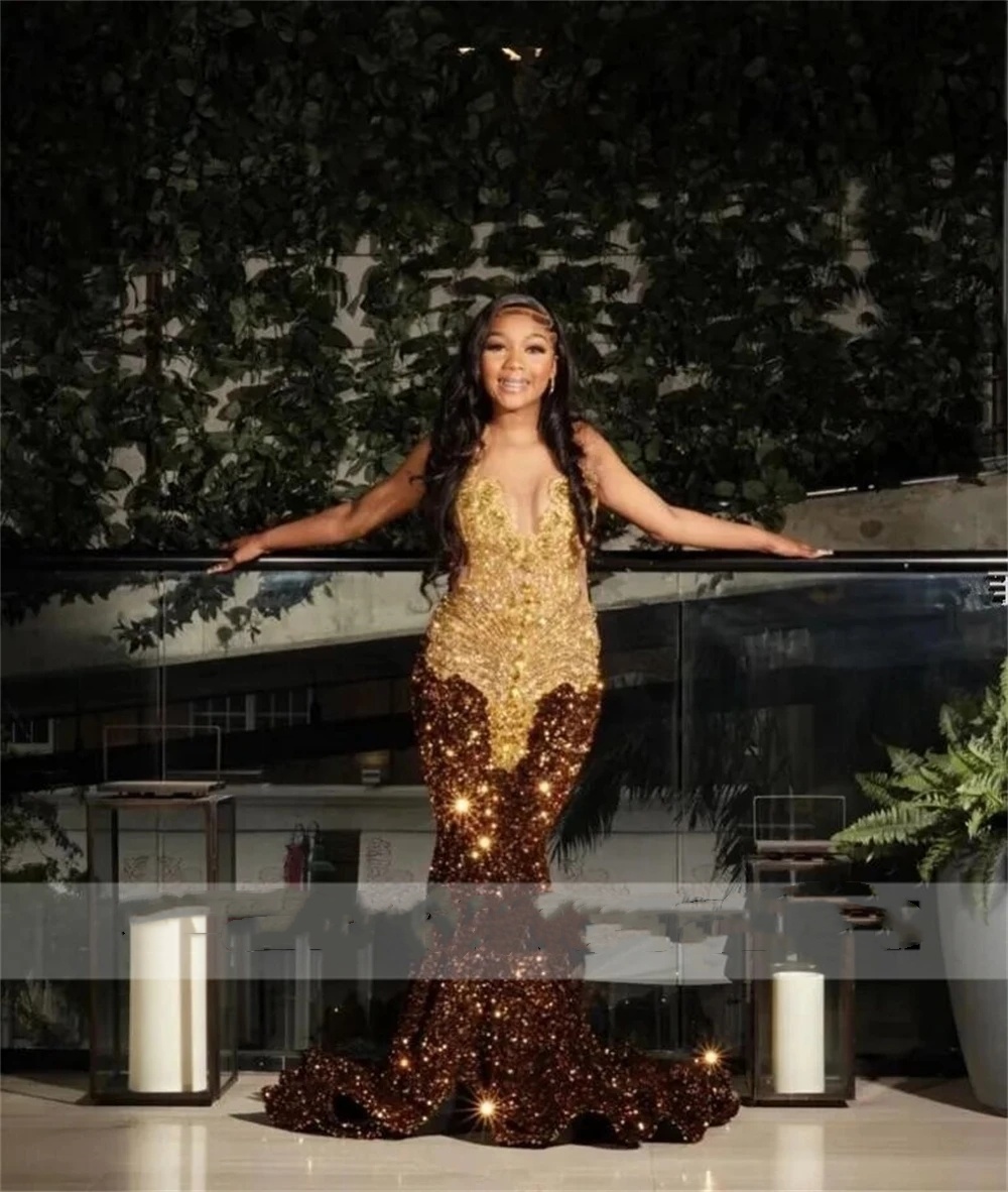 Sequin Glitter Brown Gold Crystal Beading Prom Dresses for Black Girl 2024 Plus Size Formal Evening Ocn Party Gowns 322