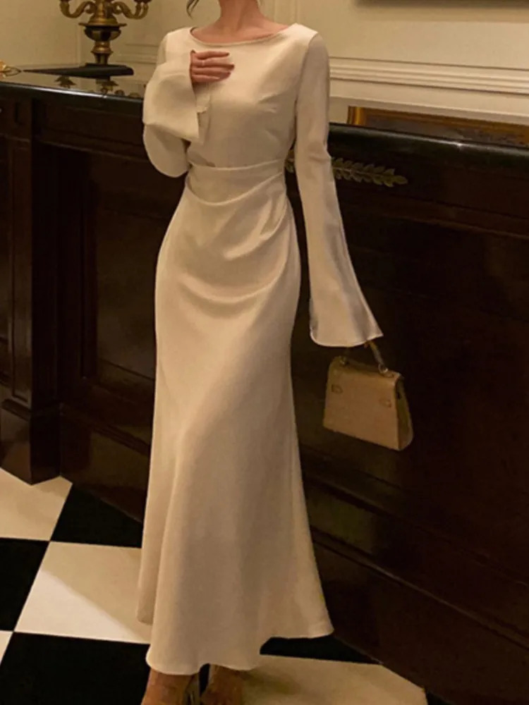 Autumn Elegant Solid Midi Dres Flare Sleeve Slim Mermaid Spring French Vintage Wedding Party Vestidos Robe Mujers 240313