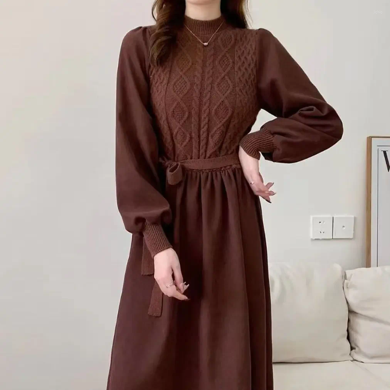 Casual Dresses Knit Dress Women Screw Thread Lantern Sleeve Round Neck Long Solid Midi Waist Lace Up Skirts A Line Winter 2024