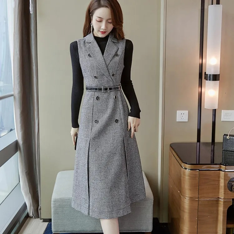 Women Houndstooth Tweed Notched Plaid Dress Two Piece Set Winter Knitted Sweater And Double-Breasted Vest Party Midi Dress Suit 240223