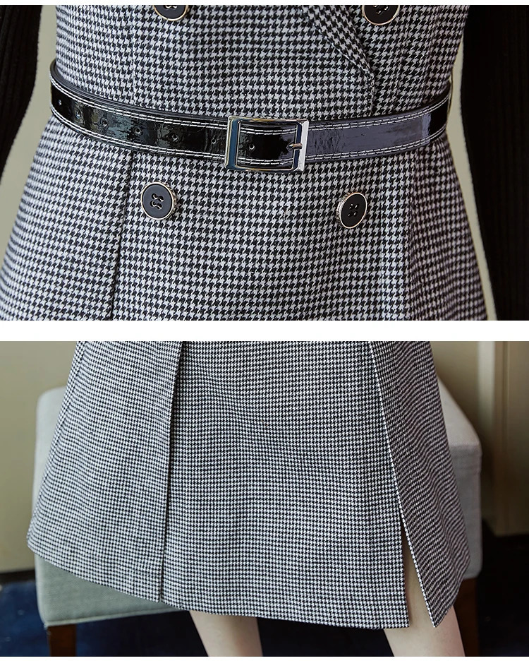 Women Houndstooth Tweed Notched Plaid Dress Two Piece Set Winter Knitted Sweater And Double-Breasted Vest Party Midi Dress Suit 240223