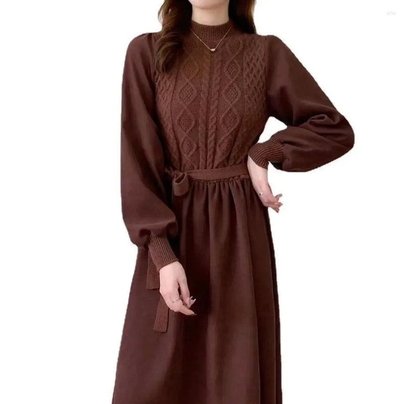 Casual Dresses Knit Dress Women Screw Thread Lantern Sleeve Round Neck Long Solid Midi Waist Lace Up Skirts A Line Winter 2024