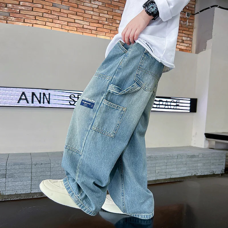 Boy Cargo Jeans Teenage Children Wide Leg Denim Pants for Boys Loose Pockets Trousers Spring Autumn 4 6 8 10 12 14 16Yrs 240227