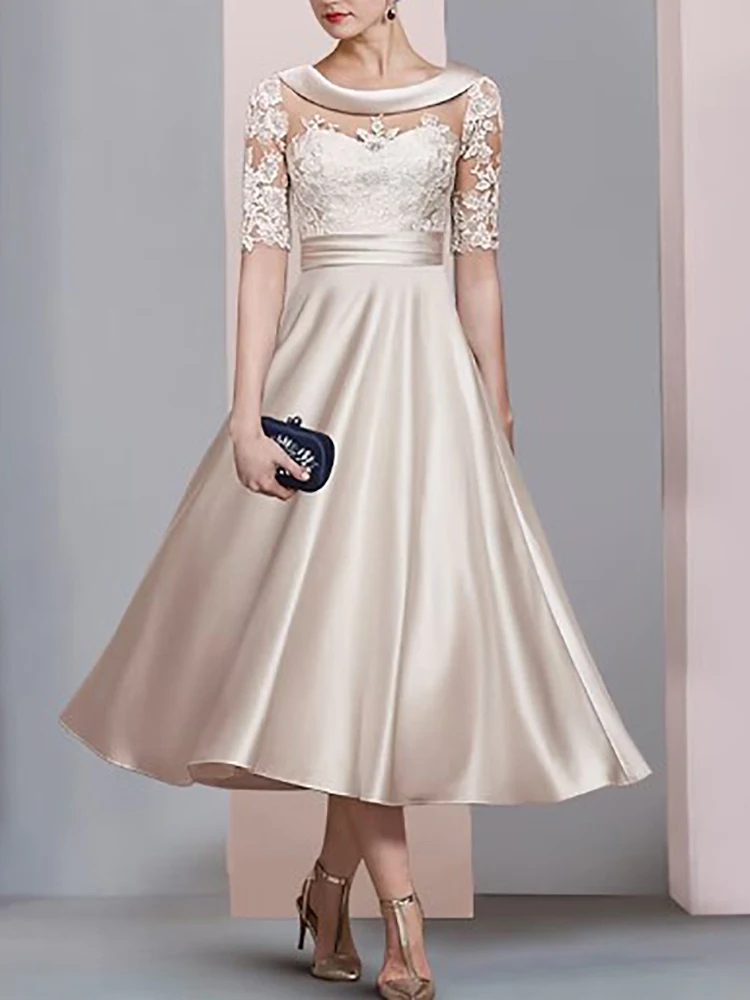 Elegant Tea Length Mother Of The Bride Dresses Open Back Lace Appliques Champagne Wedding Guest Dress Half Sleeves Scoop Neck Formal Evening Gown For 