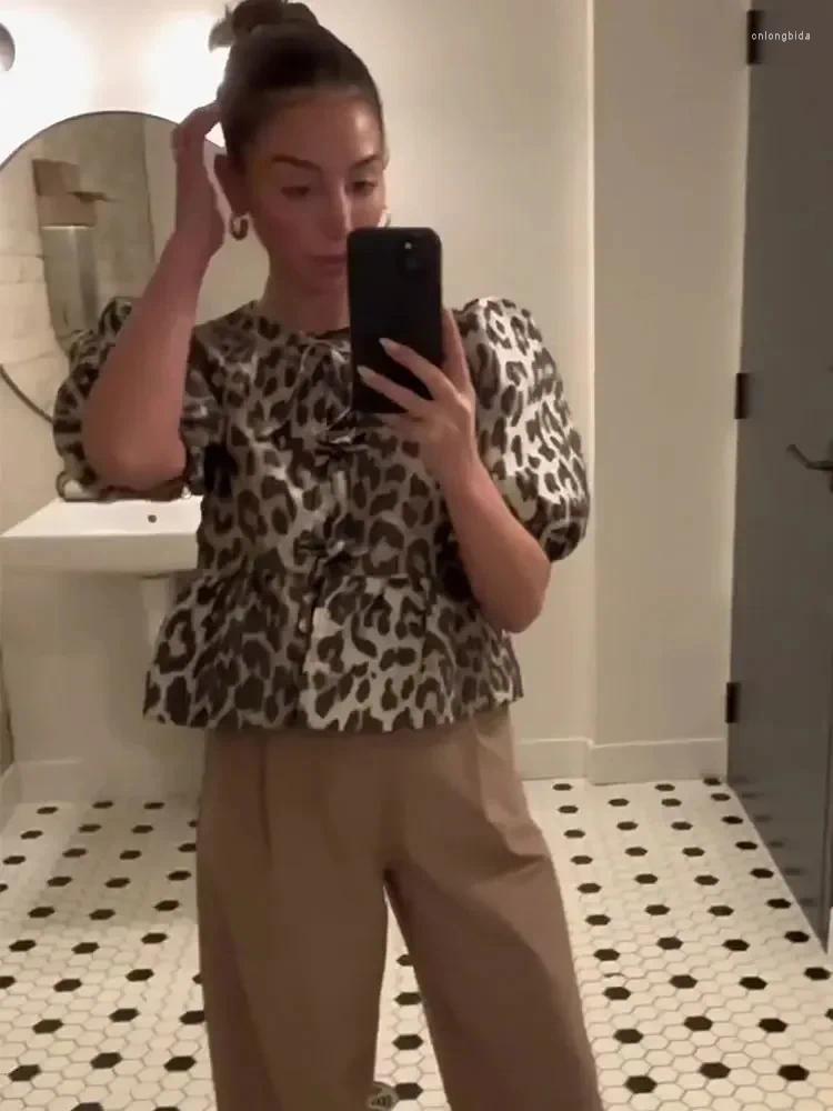 Womens Blouses Fashion Leopard Shirts For Women 2024 Spring Loose Puff Sleeve Blouse Female Elegant Lace Up Chic Cropped Top Ruffled