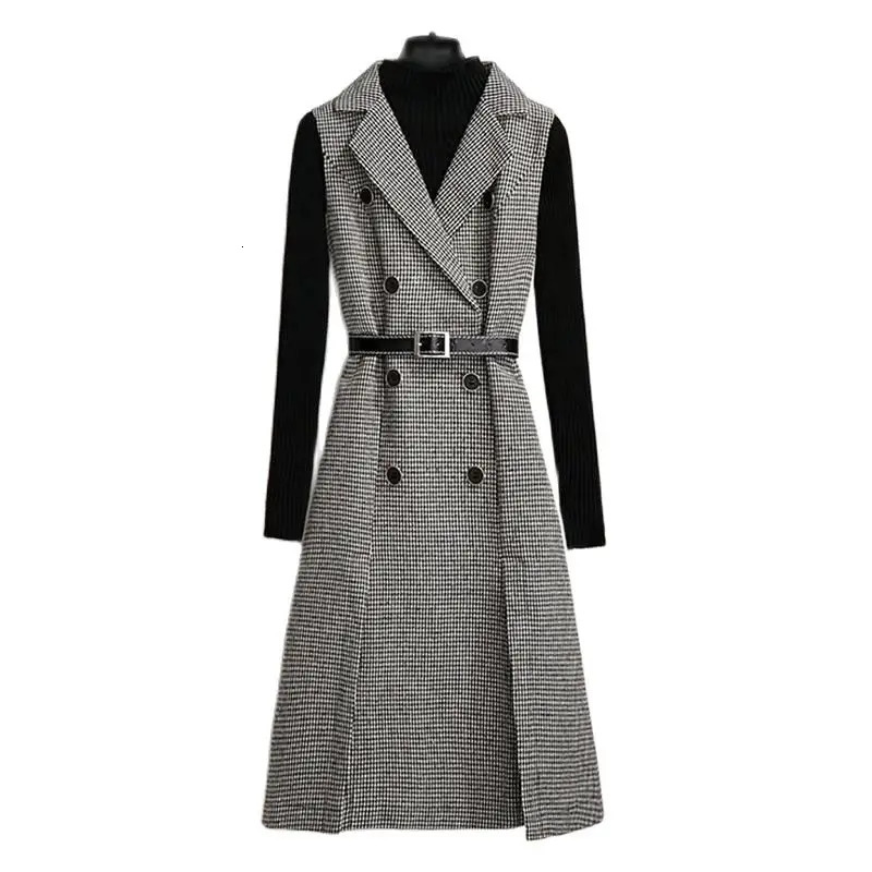 Women Houndstooth Tweed Notched Plaid Dress Two Piece Set Winter Knitted Sweater And Double-Breasted Vest Party Midi Dress Suit 240223