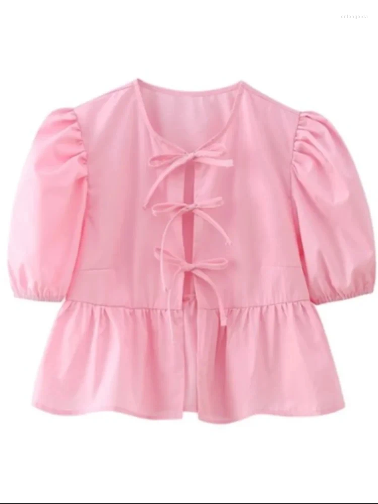 Womens Blouses Fashion Leopard Shirts For Women 2024 Spring Loose Puff Sleeve Blouse Female Elegant Lace Up Chic Cropped Top Ruffled