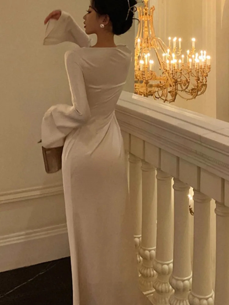 Autumn Elegant Solid Midi Dres Flare Sleeve Slim Mermaid Spring French Vintage Wedding Party Vestidos Robe Mujers 240313