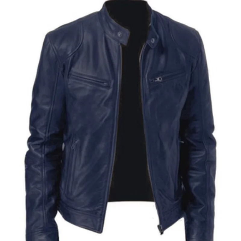 Fashion Mens Leather Jacket Slim Fit Stand Collar PU Jacket Male Anti-wind Motorcycle Lapel Diagonal Zipper Jackets Men 240304