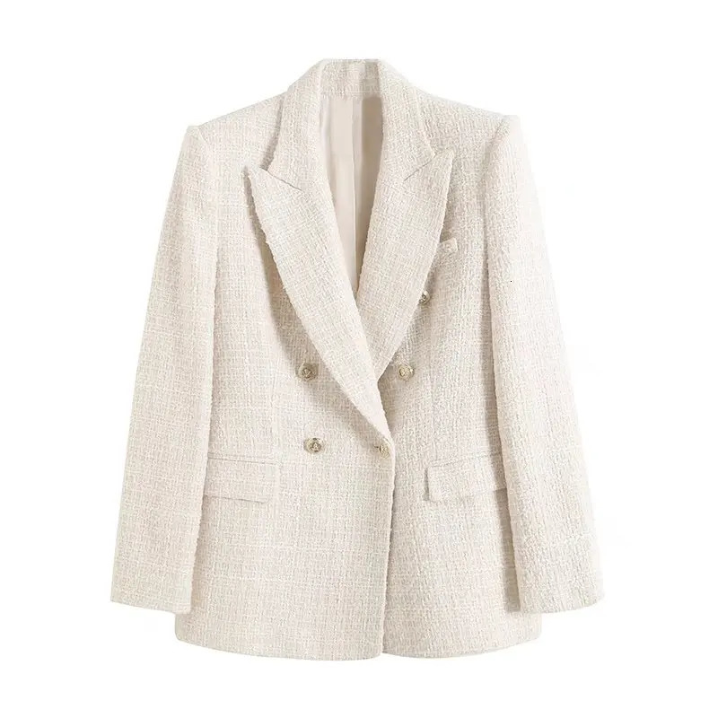 Women Fashion Double Breasted Tweed Check Blazer Coat Vintage Long Sleeve Pockets Female Outerwear Chic 240229