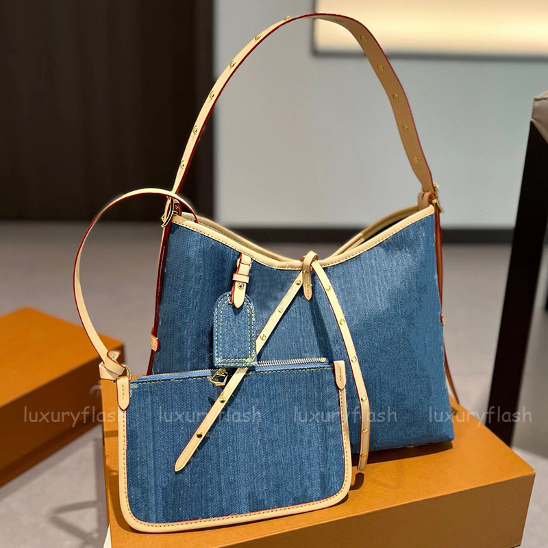 Designer Womens Shoulder Bag Carryall Tote Coated Canvas Leather Vintage Carry All 2 In 1 Hobo with Wallet Fashion Denim Blue Lady Coin Purse Handbags Brown