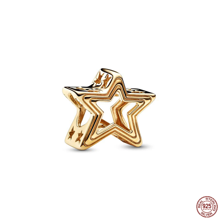 Classics 925 Sterling Silver Women's Hearts Charms Beads, Round, Gold Plated Series, Star charm Suitable for Women's Bracelets, Necklaces, D