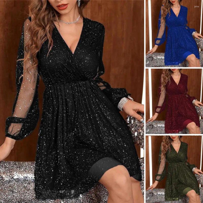 Casual Dresses Loose Dress Sequin Elegant Lantern Sleeve Mini For Women V Neck Mesh Prom Cocktail Party
