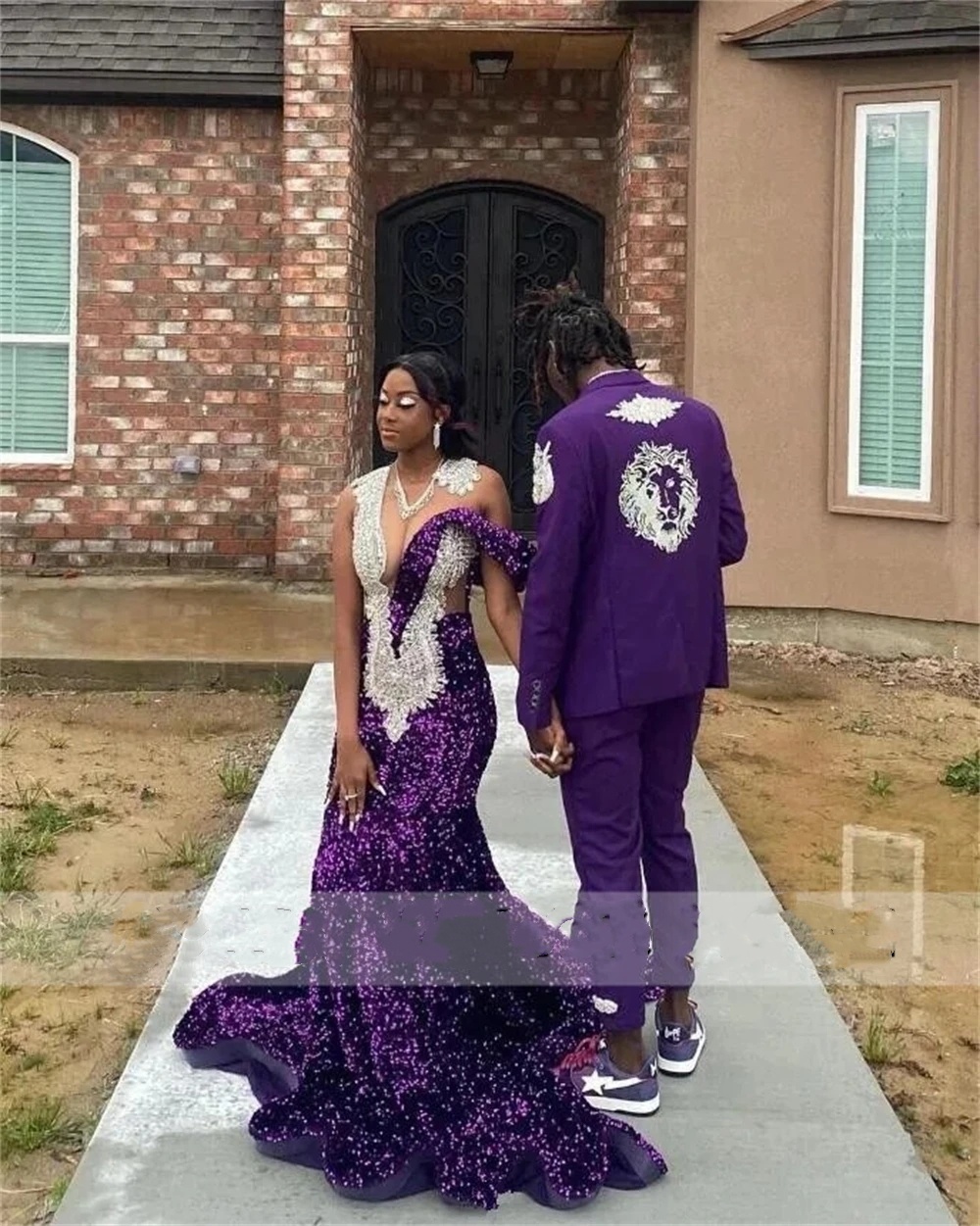 Charming Purple Sequin One Shoulder Mermaid Prom Dresses 2024 Sheer Neck Plus Size Formal Birthday Party Gowns For Couple Fashion Women Dr0320
