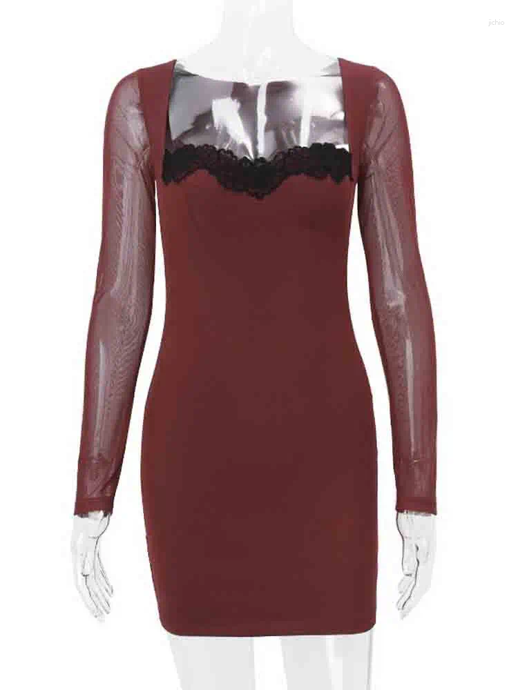 Casual Dresses NIDANSSI Mesh Pleated Lace Evening Party Dress Women 2024 Long Sleeve Elegant Sexy Bodycon Mini Summer Vestidos