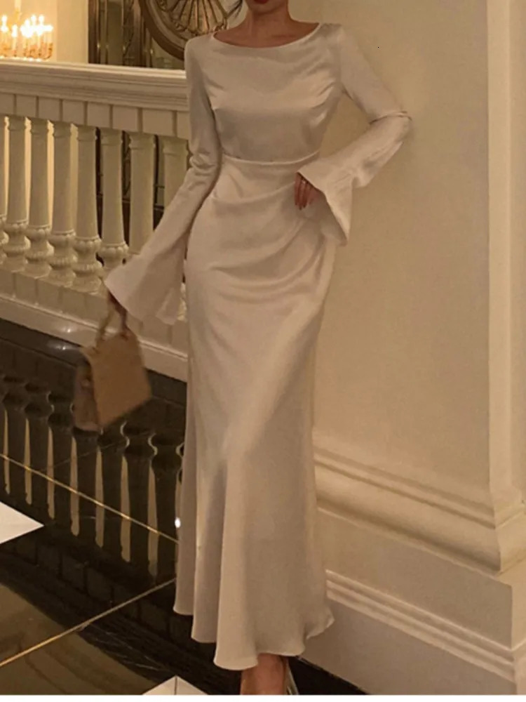 Autumn Elegant Solid Midi Dres Flare Sleeve Slim Mermaid Spring French Vintage Wedding Party Vestidos Robe Mujers 240313