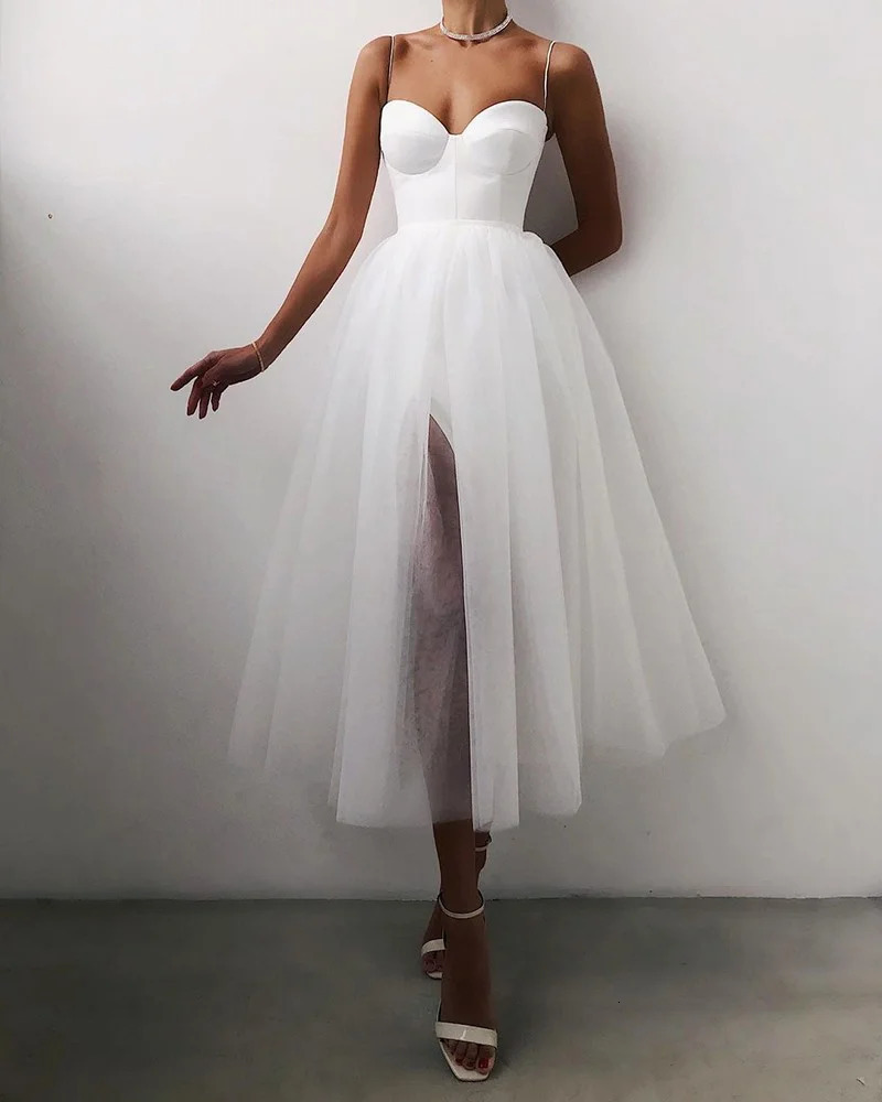 Fashion Women Summer Formal Party Cocktail Dress Solid Color Spaghetti Straps Side Slit Mesh Braces Dress for Girls BlackWhite 240304