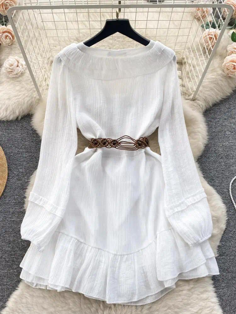 Casual Dresses Women Sweet White Ruffles Bandage Mini Dress Long Sleeve Elegant Pleated Short Korean Fashion Autumn Vacation 2024 Vintage