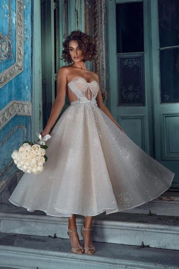 Tea Romantic Lace Length Dresses Summer Sparkg Sweetheart Tulle Beaded Bow Tie Beach Garden Wedding Dress Pregnant Bridal Gowns BC