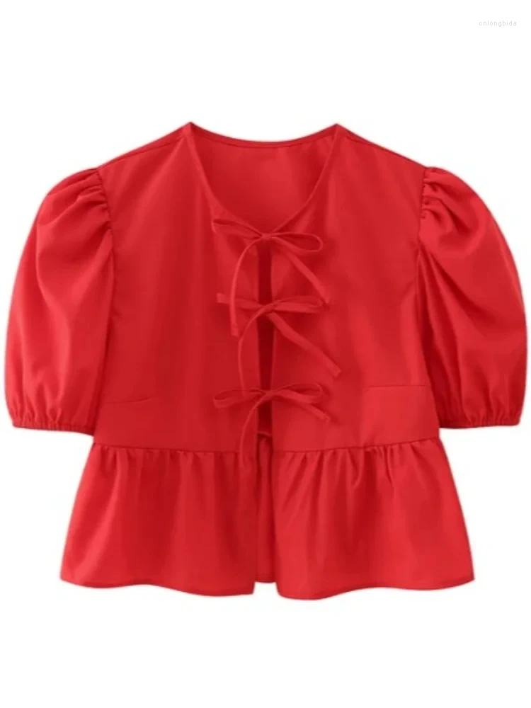 Womens Blouses Fashion Leopard Shirts For Women 2024 Spring Loose Puff Sleeve Blouse Female Elegant Lace Up Chic Cropped Top Ruffled