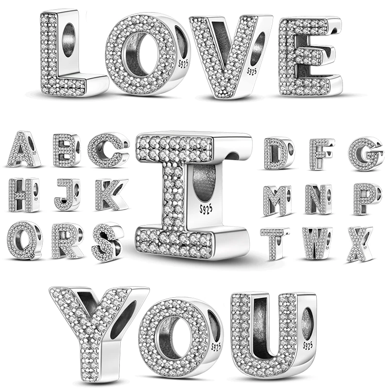 925 Sterling Silver Charm Beads, 26 Letters, Fit Original Classic Women's Bracelet Pendant DIY Jewelry Free Shipping