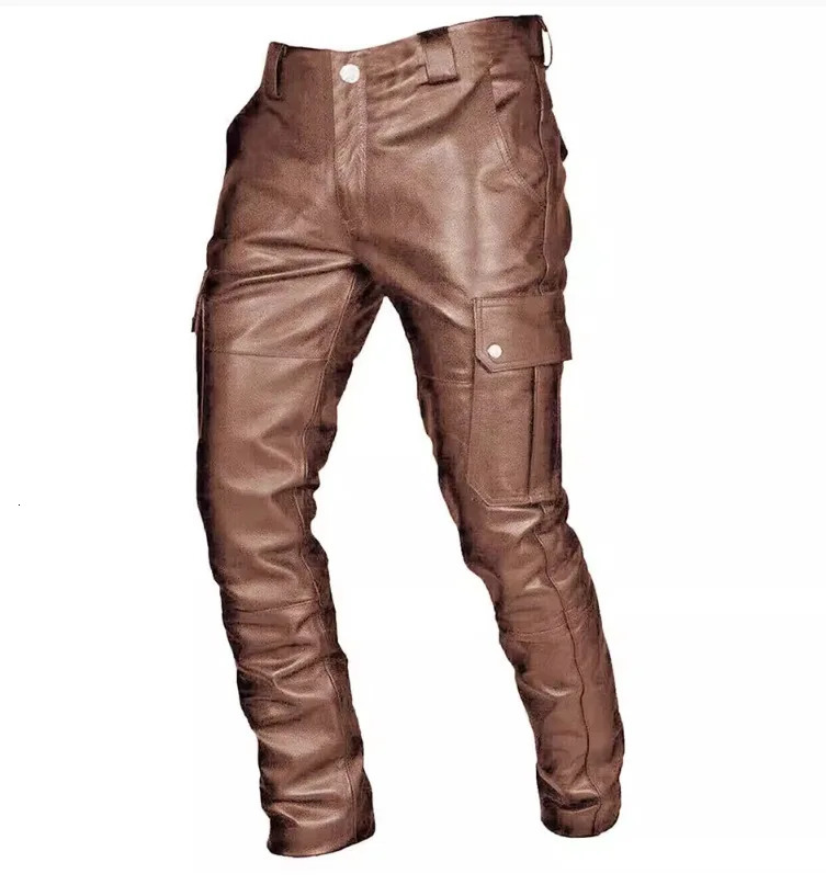 button leather pants long motorcycle false pocket straight pu material micro elastic Large size oversized 240315