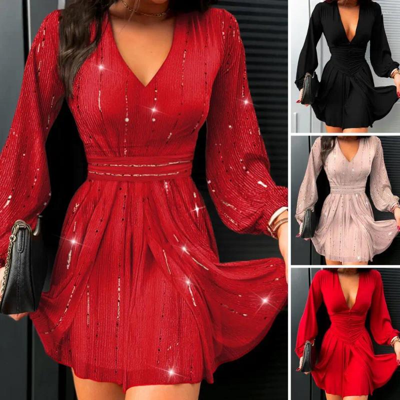 Casual Dresses Women Elegant V-neck Dress Lantern Sleeve V Neck Mini For Solid Color A-line Ladies