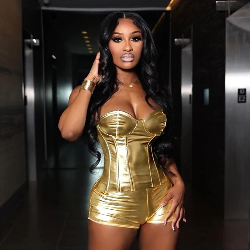 CUTENOVA Autumn Faux Leather Glossy Metallic Corset Strapless Bustier Casual Skinny Shorts 2Pcs Fashion Prom Clubwear 240304