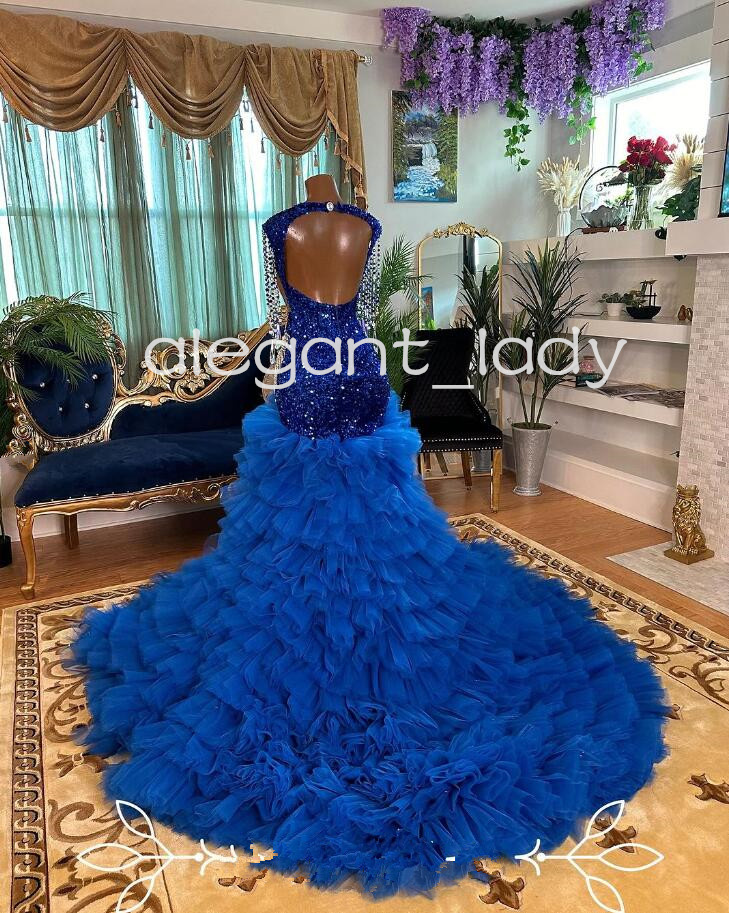 King Blue Sparkly Mermaid Evening Formal Dresses for Black Girl 2024 Luxury Diamond Crystal Ruffles Train Prom Gala Gown