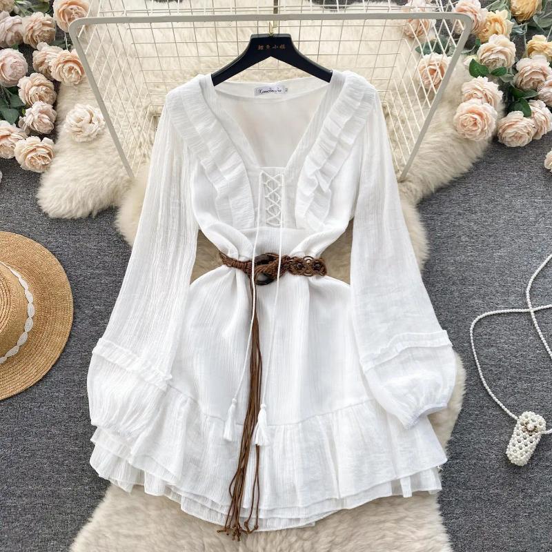 Casual Dresses Women Sweet White Ruffles Bandage Mini Dress Long Sleeve Elegant Pleated Short Korean Fashion Autumn Vacation 2024 Vintage