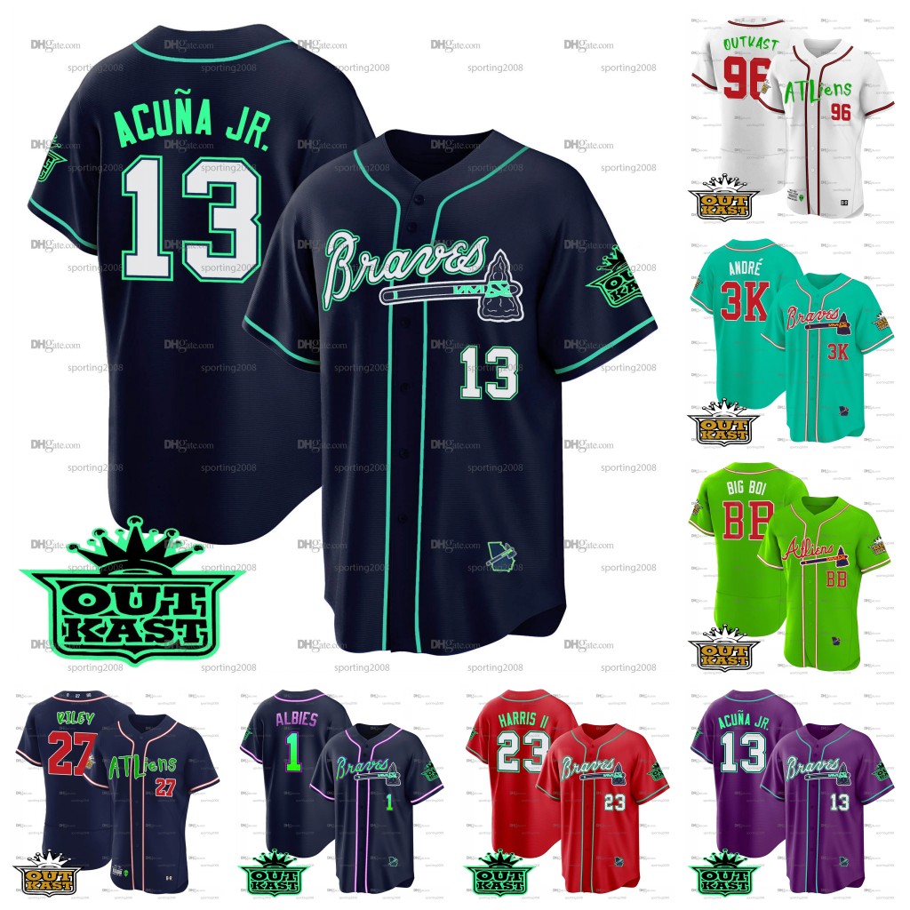 13 Ronald Acuna Jr. Austin Riley OUTKAST Jersey Brave Spencer Strider Michael Harris II Max Fried Travis d'Arnaud Matt Olson Eddie Rosario Ozzie Albies Jarred Kelenic