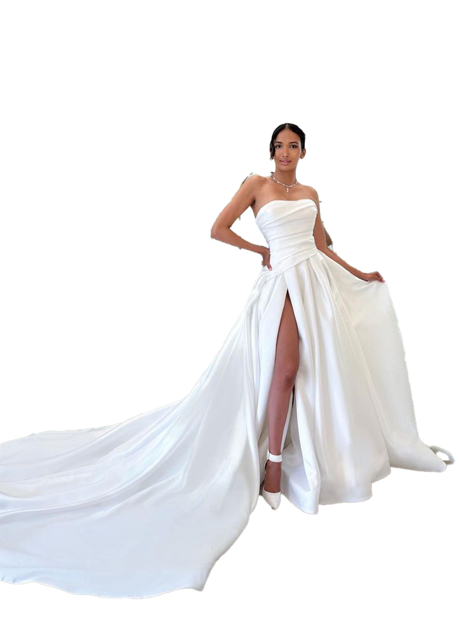 Plus Size Fabulous A Line Wedding Dresses Woen Strapless Satin Pleats Draped High Side Split Chapel Train Bridal Gown Second Reception Dress for Weddd