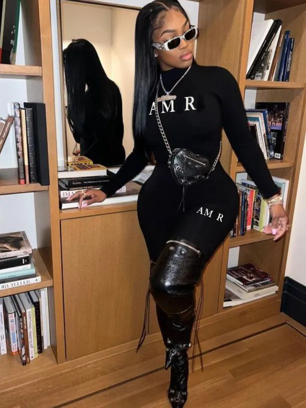 Women's Jumpsuits Letter Printed Black Casual Minimalist Fashion Yoga Pants Fitness Tight Jumpsuit Rompers