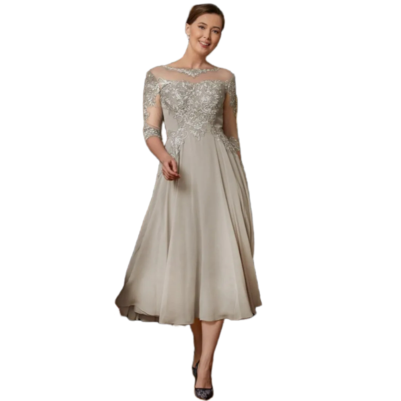 Vintage Tea Length A-line Mother Of The Bride Dresses Lace Appliques Sheer Neck Silver Chiffon Elegant Women Wedding Guest Dress Groom Mom Evening For