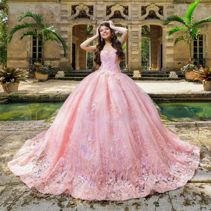 Pink Shiny Off The Shoulder Quinceanera Dresses Ball Gown Sequin Appliques Lace Beading Crystal Tull Sweet 16 Dress Vestidos 15 De XV Anos