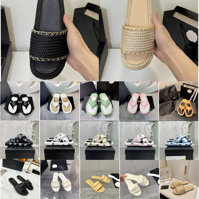 Paris Designer cc Sandals Channels Womens Slippers Luxury Female Flats Slides Vacation Beach Chunky Heel Slippers Straw Colorful Knit Fashion Ladies Shoes