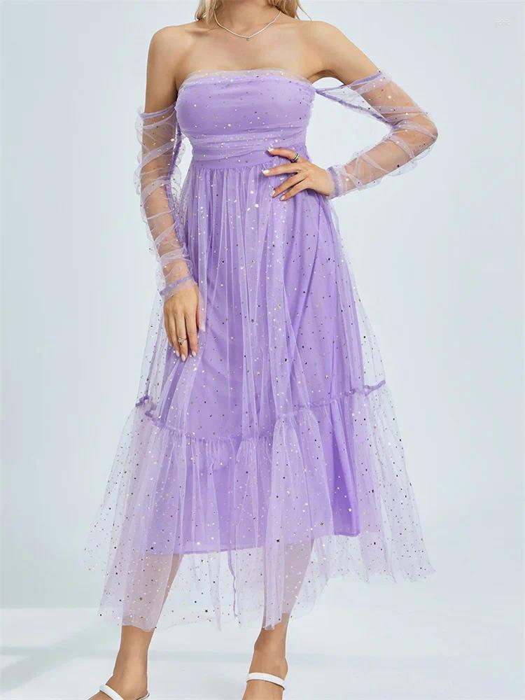Casual Dresses CHRONSTYLE Women Evening Long Dress Sequined Slash Neck Off Shoulder Cocktail Mesh Party Sleeve Female Vestidos 2024