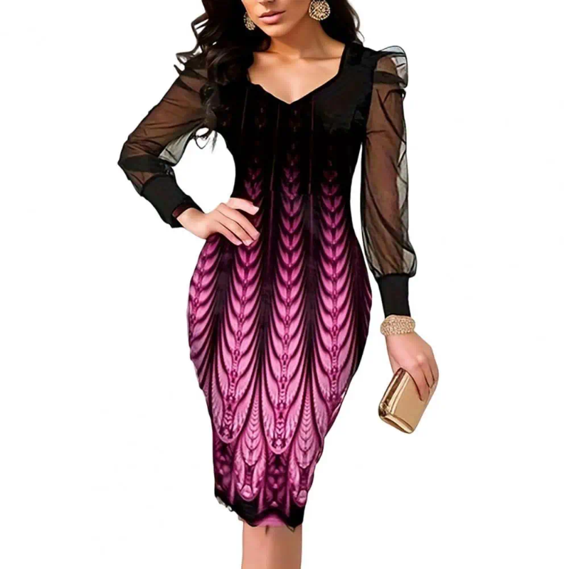 Casual Dresses Women Dress Elegant Printed V Neck Mesh Sleeve Midi Sheath Knee Length Plus Size Formal For