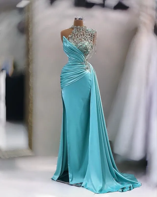 April Aso 2024 Ebi Mermaid Lace Prom Beaded Crystals Satin Evening Formal Party Second Reception Birthday Engagement Gowns Dress Robe De Soiree