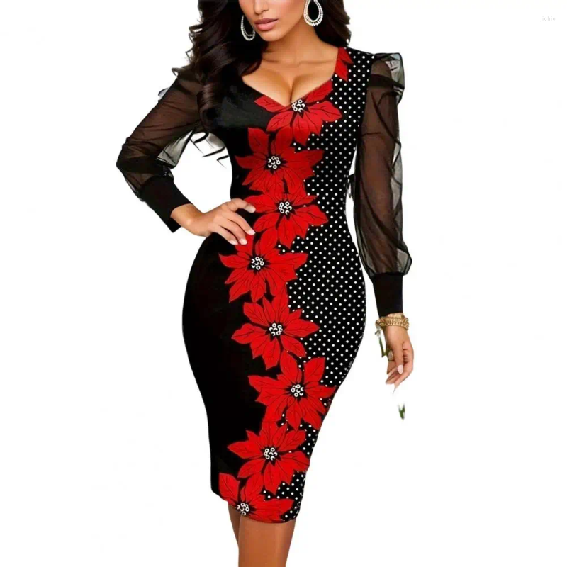 Casual Dresses Women Dress Elegant Printed V Neck Mesh Sleeve Midi Sheath Knee Length Plus Size Formal For