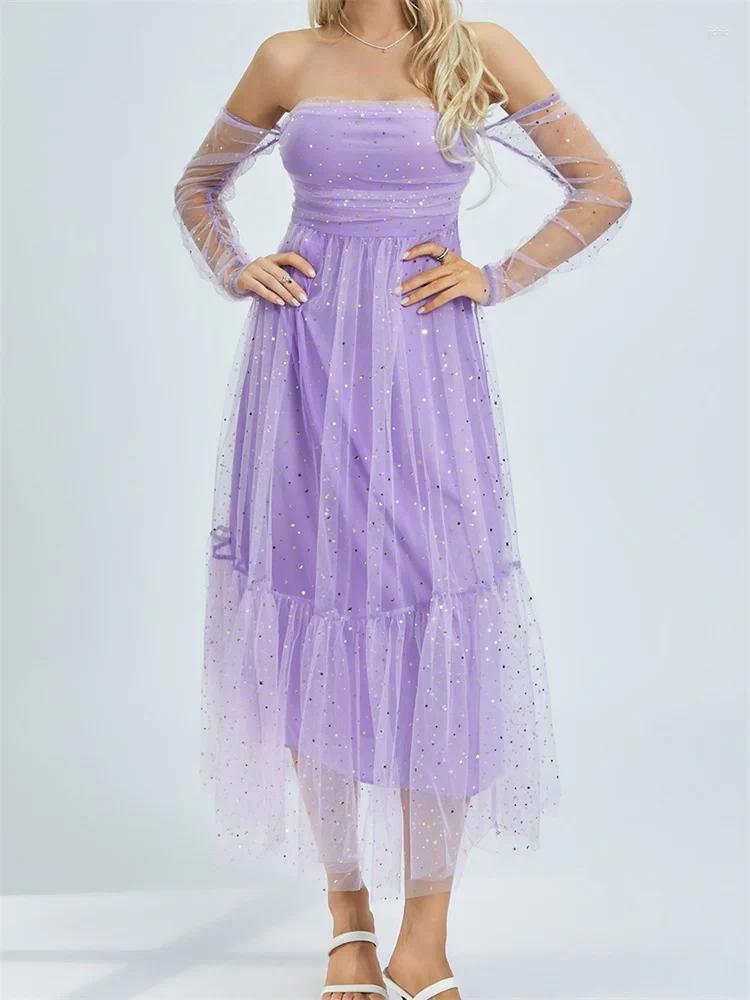 Casual Dresses CHRONSTYLE Women Evening Long Dress Sequined Slash Neck Off Shoulder Cocktail Mesh Party Sleeve Female Vestidos 2024