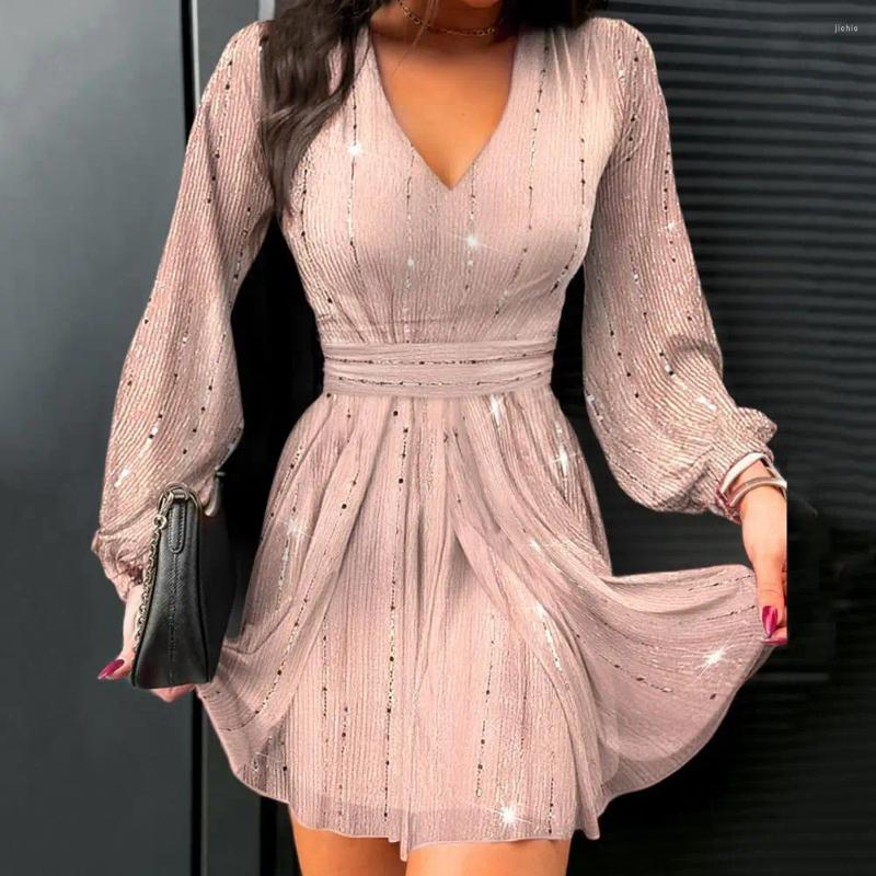 Casual Dresses Women Elegant V-neck Dress Lantern Sleeve V Neck Mini For Solid Color A-line Ladies
