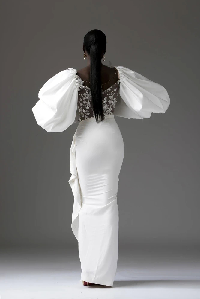 Sexy Aso Ebi Arabic White Prom Dresses Puff Sleeves Long Sheath Special Occasion Dress Lace Appliques Beaded Illusion Neck African Evening Gowns For W