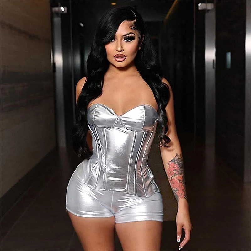 CUTENOVA Autumn Faux Leather Glossy Metallic Corset Strapless Bustier Casual Skinny Shorts 2Pcs Fashion Prom Clubwear 240304