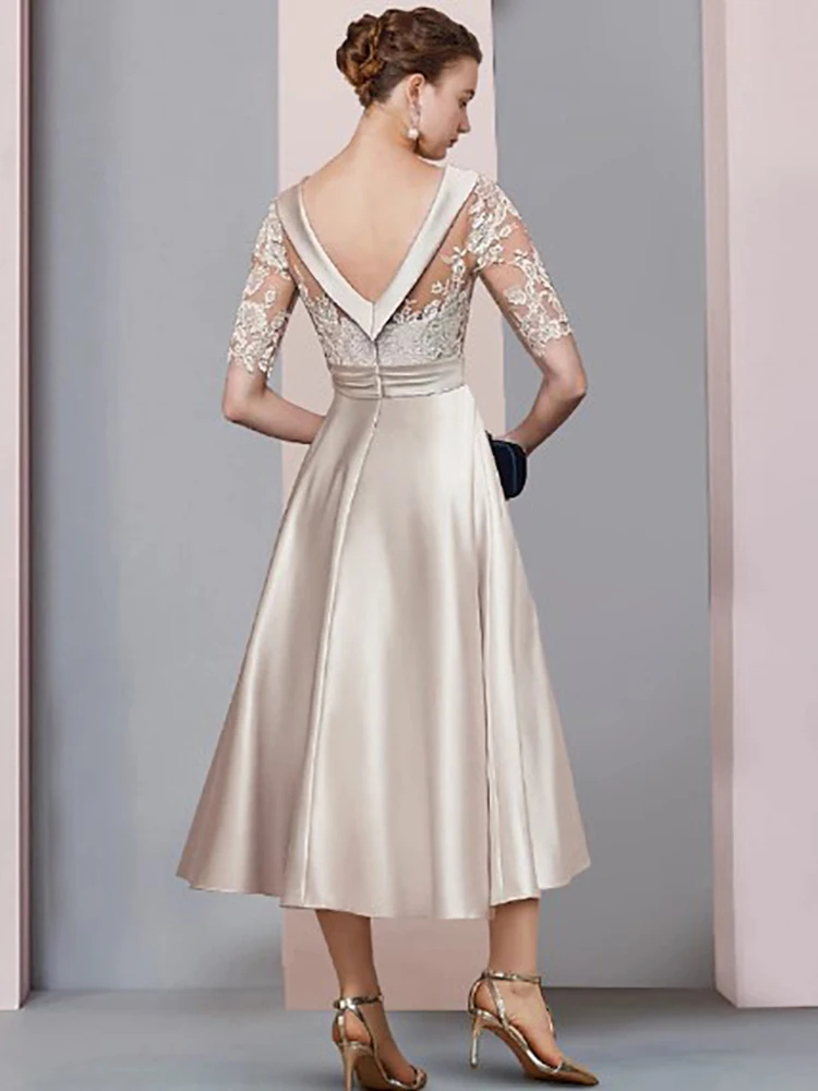 Elegant Tea Length Mother Of The Bride Dresses Open Back Lace Appliques Champagne Wedding Guest Dress Half Sleeves Scoop Neck Formal Evening Gown For 