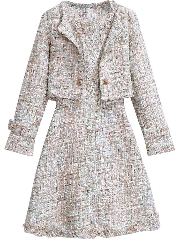 Fall Winter French Vintage Fragrance Tweed Two Piece Set Women Outfit Office Ladies Elegant Coatssleeveless Dresses Sets 240223