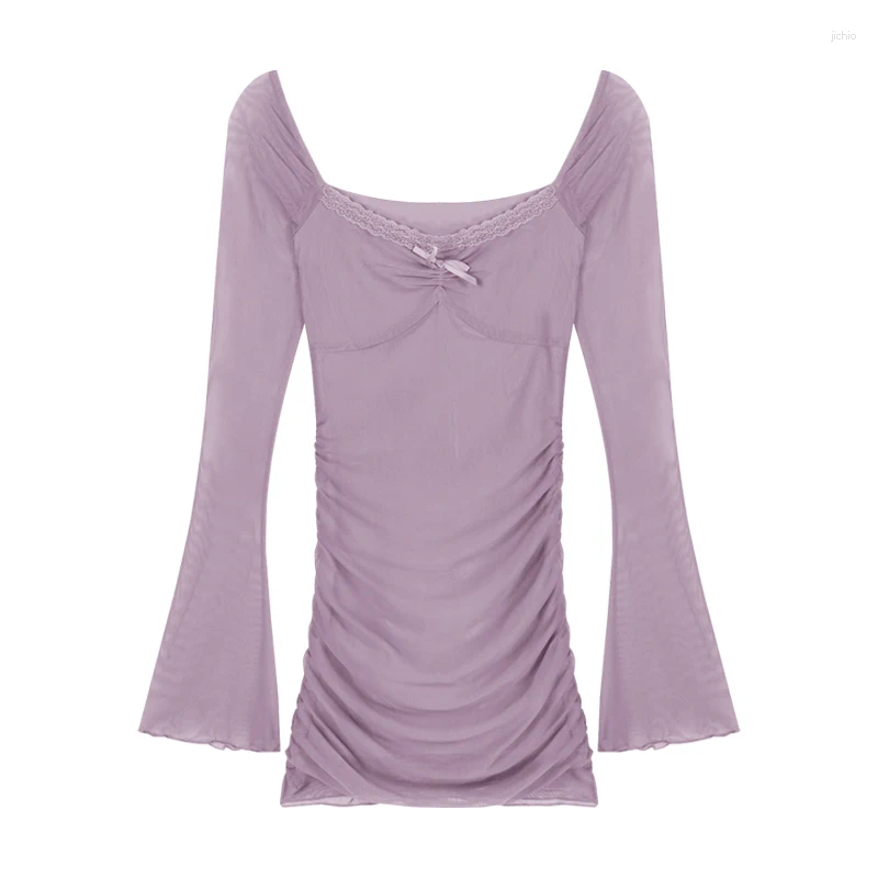 Casual Dresses Sexy Girl Mesh Womens Long Sleeved Deep V Neck Mini Dress Ladies Amorous Feelings Bow Tight Wrapped Hip Vestidos