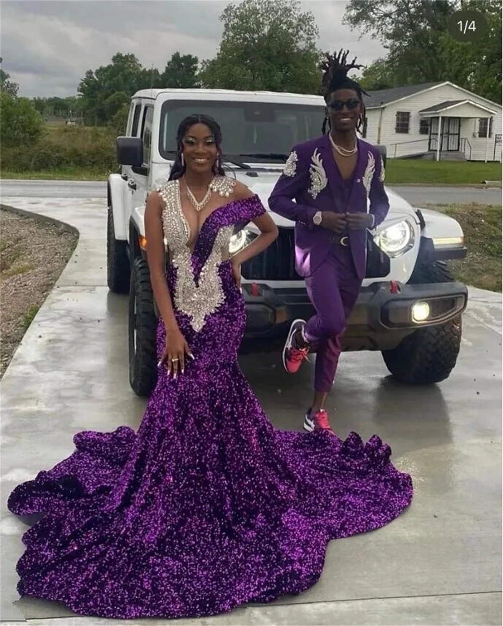 Charming Purple Sequin One Shoulder Mermaid Prom Dresses 2024 Sheer Neck Plus Size Formal Birthday Party Gowns For Couple Fashion Women Dr0320